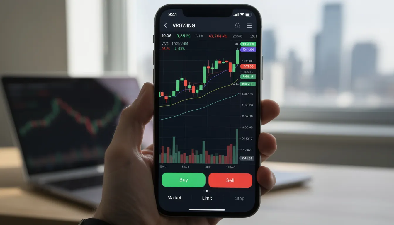 A smartphone screen showcases a trading app featuring dynamic price charts and prominent order buttons, designed for experienced traders in the financial sector. The user-friendly interface allows traders seeking competitive trading conditions to manage their trading accounts effectively.