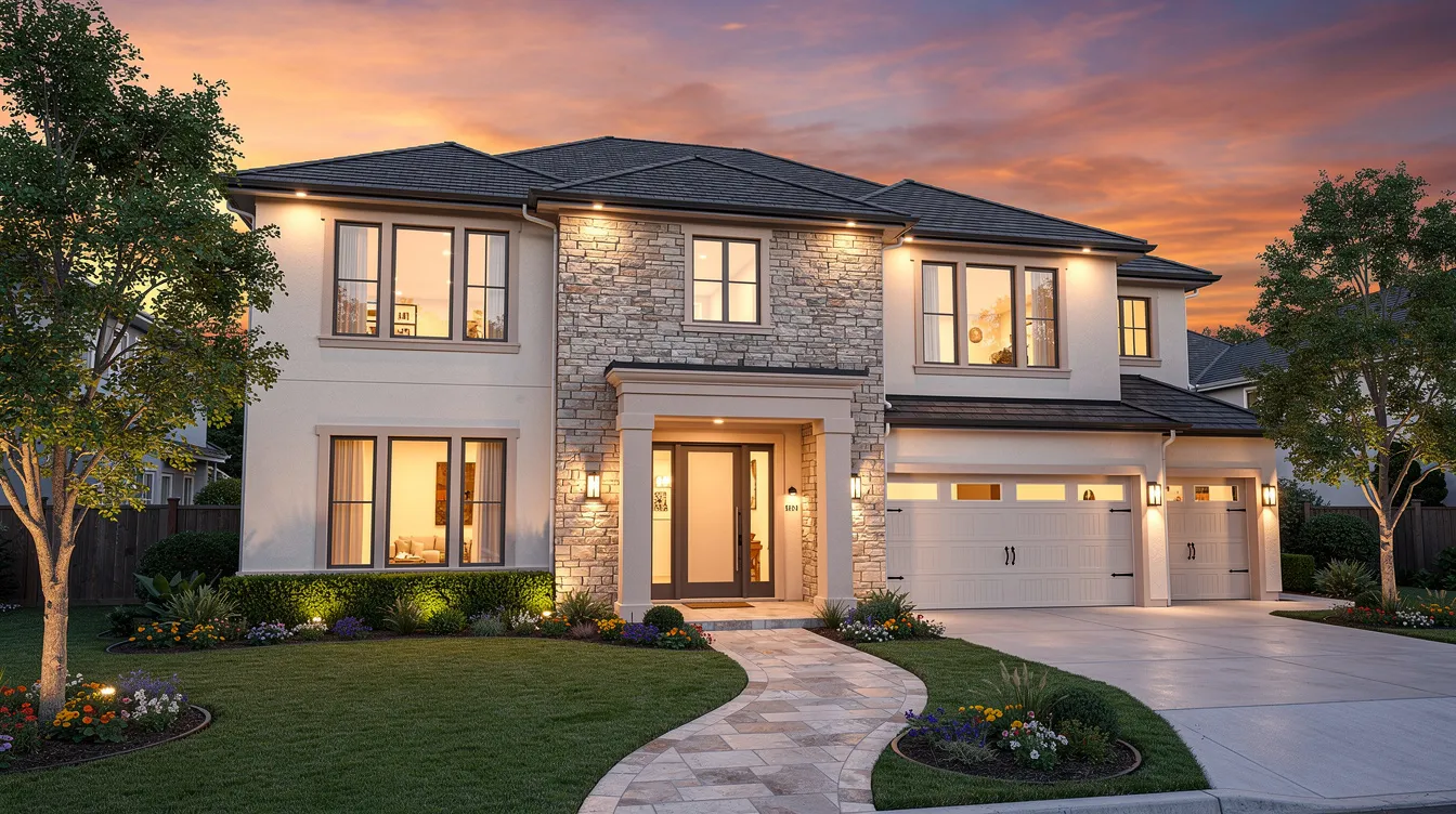 A luxury two-story home with elegant stone accents stands proudly against a vibrant sunset, surrounded by a beautifully landscaped front yard. This stunning design showcases a custom home plan that embodies architectural style and invites potential modifications for those looking to create their dream home.