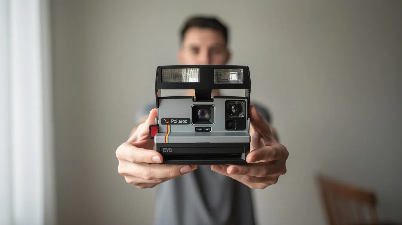 A close-up view captures two hands holding a Polaroid camera at chest height, poised to take a portrait of a person standing against a plain wall. The scene highlights the vintage charm of instant photography, emphasizing the anticipation of capturing a moment with polaroid film.