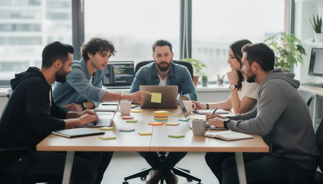 The image shows a diverse software development team gathered around a large desk, collaborating on a project with laptops and notes scattered across the surface. They are engaged in discussion, sharing ideas to enhance their internal knowledge base and improve employee productivity.