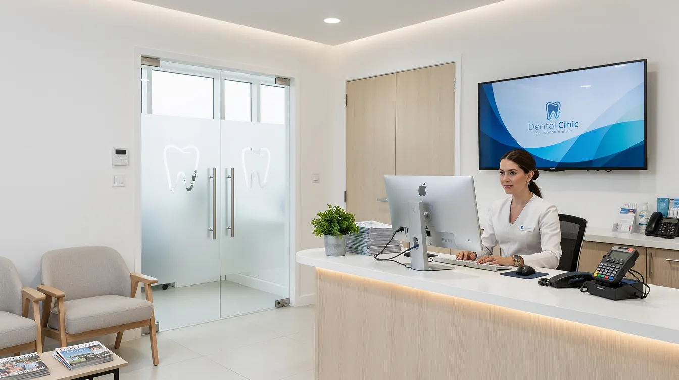 The image depicts a modern dental practice reception area, where a staff member is seated at a computer workstation, likely handling dental insurance claims and verifying patient eligibility. The welcoming environment suggests a focus on patient care, while the presence of technology indicates efficient processing of insurance documentation and claims submission.