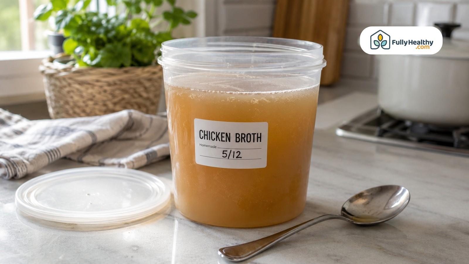 Labeled homemade chicken broth container on countertop with spoon and kitchen herbs