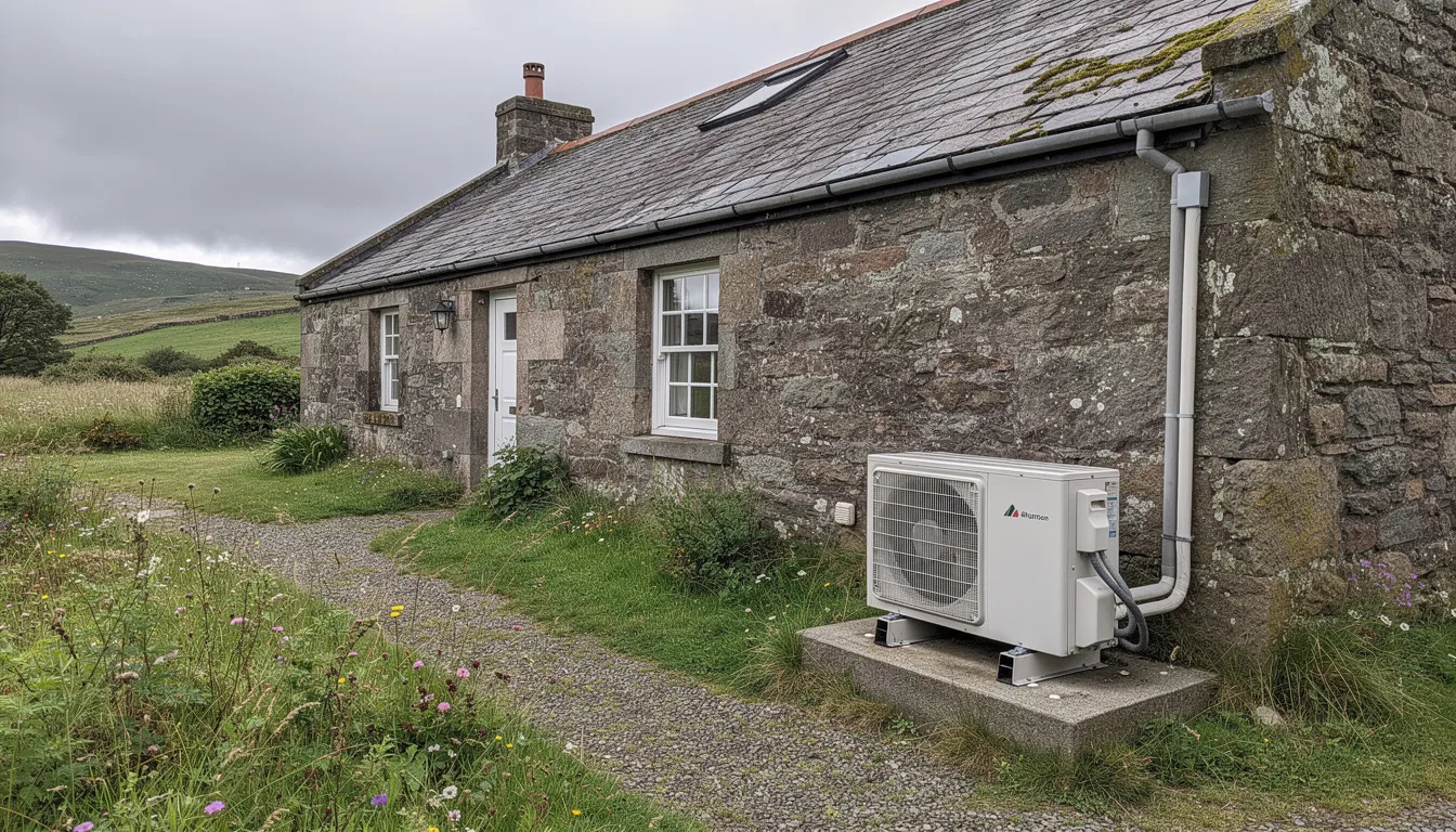 An air source heat pump unit is installed beside a traditional Scottish cottage, showcasing a modern heating system that contrasts with the cottage's classic architecture. This energy-efficient heat pump is designed to provide heating and hot water, representing a contemporary alternative to conventional boilers.