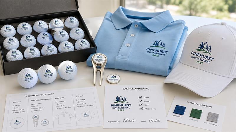 Custom golf merchandise project with golf balls, polo shirt, cap, divot tool, sample approval sheet, and thread color references