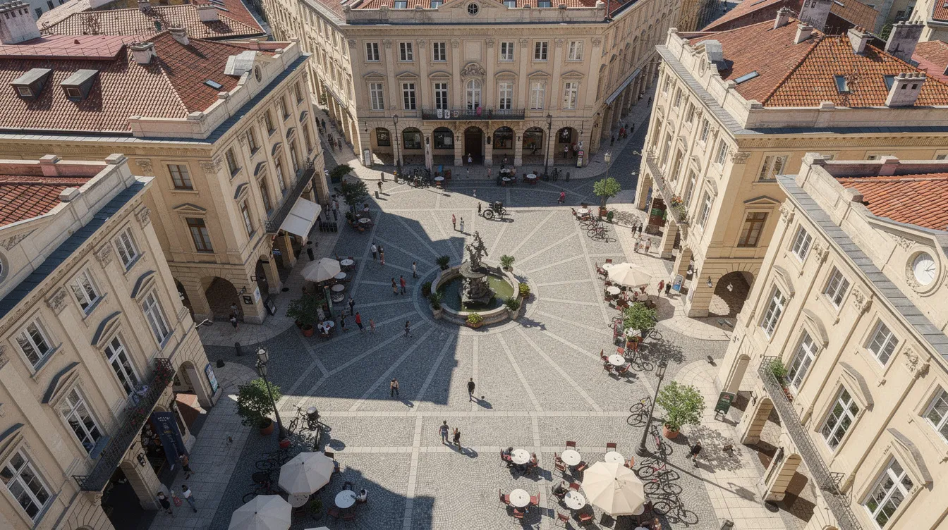 An aerial photograph captures a historic European city square adorned with classical architecture, showcasing intricate details and vibrant public life. The scene reflects the rich cultural heritage of Europe, with cobblestone pathways and elegant buildings that symbolize the continent's economic and artistic significance.