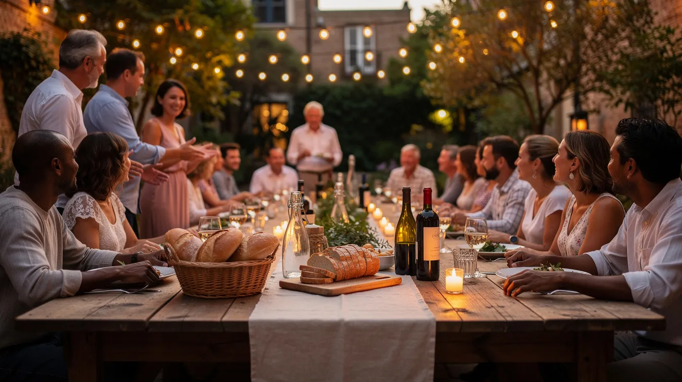 The image depicts a large outdoor communal dinner table beautifully set with bread and wine, bathed in warm evening light, as diverse guests gather around, reminiscent of the gatherings where Jesus ate with sinners and tax collectors, embodying his mission to introduce people to a changed and fruitful life. The scene reflects the spirit of community and fellowship, inviting all to share in the joy of togetherness.