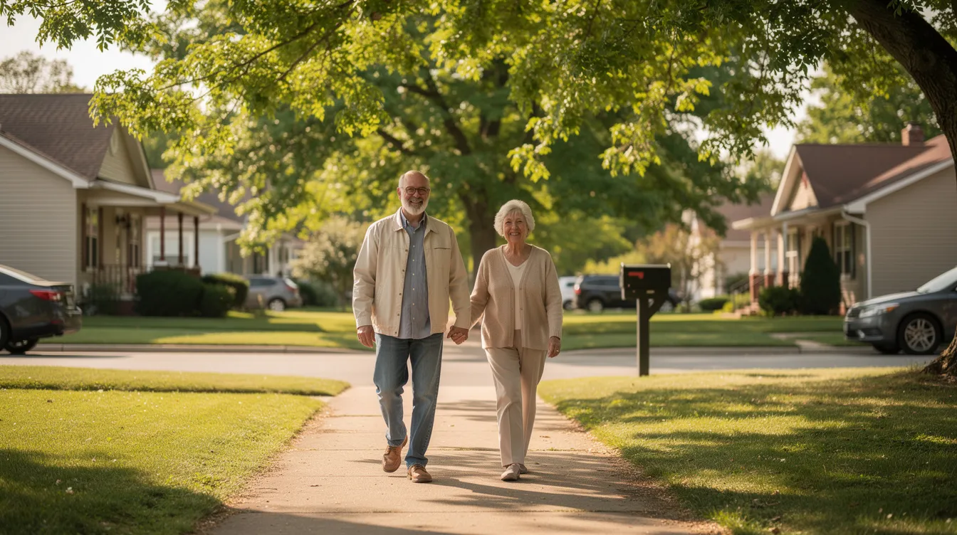 An elderly couple in their 60s strolls hand-in-hand down a tree-lined sidewalk in a quaint midtown American neighborhood, embodying the joy of retirement and the importance of maintaining a healthy lifestyle. Their leisurely walk reflects the significance of planning for financial goals and enjoying life in their golden years.