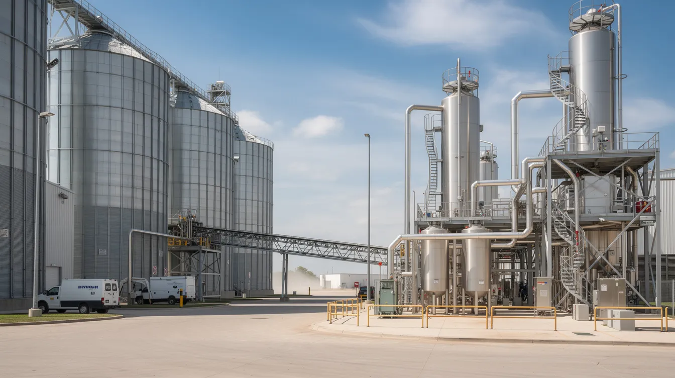 b76187ce 6d59 4898 b601 597d92f939c2 The image depicts industrial grain storage silos adjacent to a modern ethanol manufacturing facility, featuring large steel tanks and intricate piping systems. This setup is integral to the ethanol production process, which utilizes grains for alcohol production and includes various stages such as fermentation, distillation, and the management of byproducts like carbon dioxide and spent wash.