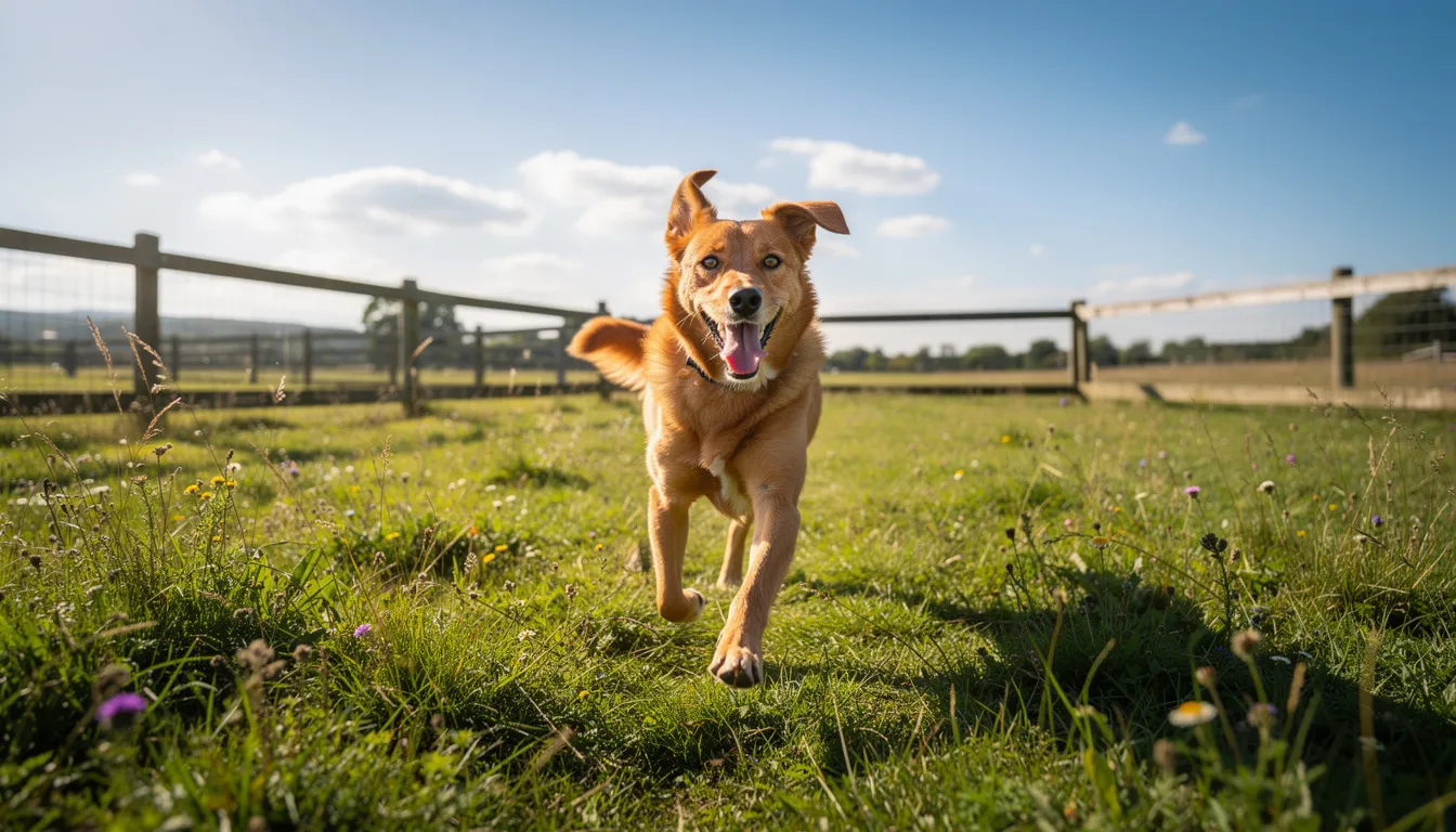 Na zielonej, ogrodzonej łące, w słoneczny dzień, biega szczęśliwy pies, ciesząc się swobodą i radością. Jego żywiołowe ruchy pokazują, jak ważne jest zapewnienie zwierzętom odpowiednich warunków do życia i możliwości swobodnego poruszania się.