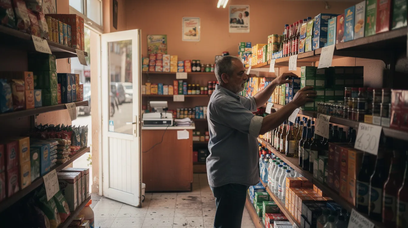 b76402c7 a4be 4a36 b398 d498a62a6dff The image shows a shopkeeper diligently arranging various products on shelves in a small retail store, creating an organized display to attract customers. This scene reflects the hard work of small businesses, which often seek financial assistance through schemes like the Mudra loan to enhance their income-generating activities.