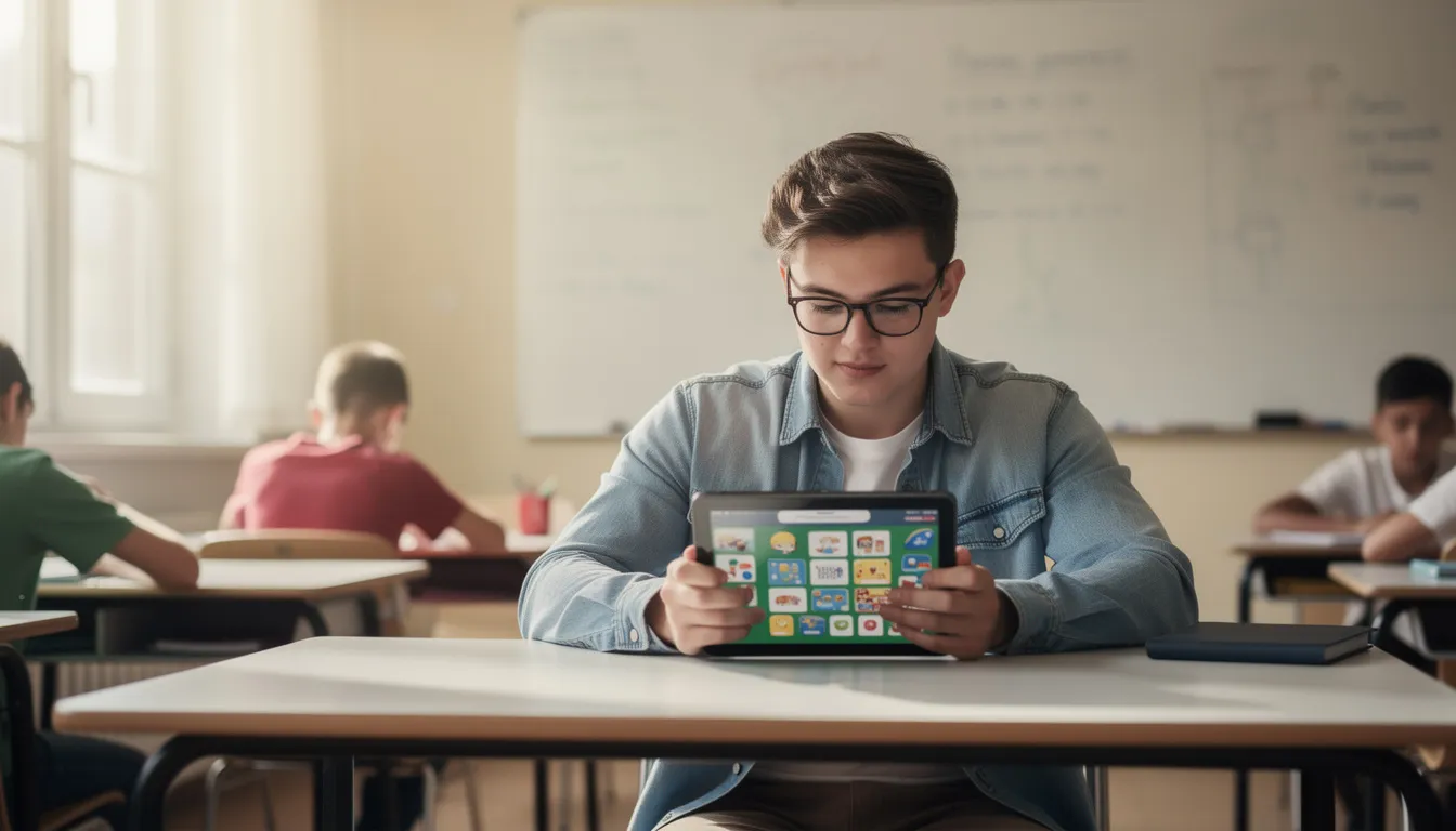 Ein Lehrer steht in einem Klassenzimmer und nutzt ein iPad, um den Schülerinnen und Schülern digitale Lernmethoden näherzubringen. Im Hintergrund sind weitere Lerngeräte wie Laptops und Tablets zu sehen, die die Bedeutung der Digitalisierung im Schulalltag unterstreichen.