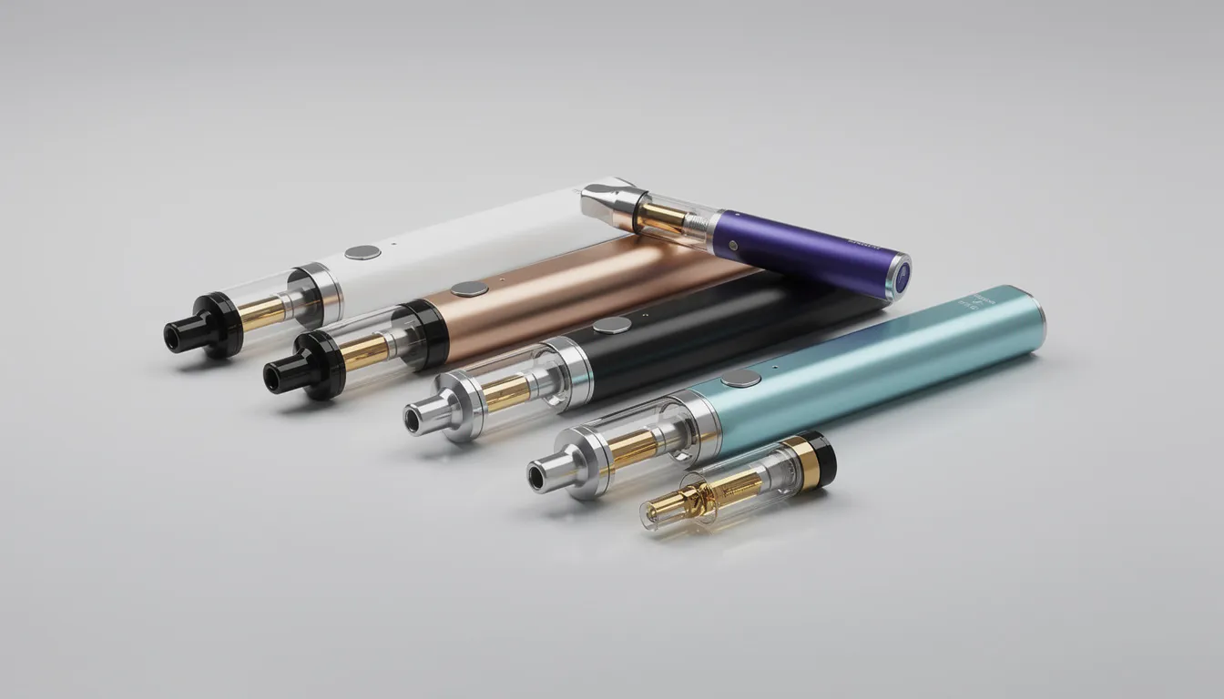 Auf dem Bild sind moderne Vape-Pens und Cartridges in verschiedenen Designs auf einem neutralen Hintergrund arrangiert. Diese hochwertigen Produkte aus bio Hanf sind ideal für das Wohlbefinden und stammen aus einem vertrauenswürdigen CBD Shop.
