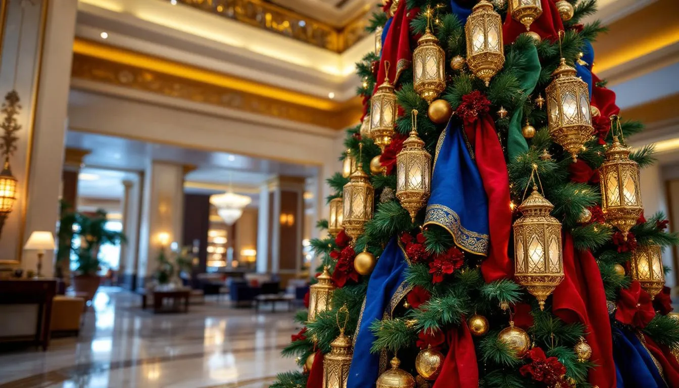 A beautifully decorated Moroccan Christmas tree stands in the luxurious hotel lobby, adorned with traditional lanterns and vibrant fabrics, creating a festive atmosphere that blends Moroccan and Western styles. This unique display captures the holiday spirit, showcasing the charm of Christmas in Morocco amidst the elegance of the hotel setting.