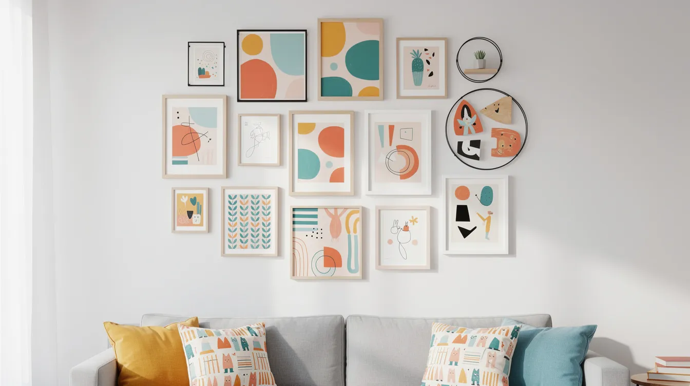 La imagen muestra una vibrante pared de galería con una variedad de impresiones artísticas coloridas en diferentes tamaños de marco, creando una exhibición de decoración del hogar divertida y personalizada. Esta colección ecléctica sirve como punto focal, reflejando estilos únicos e inspiraciones artísticas que transforman el espacio de la pared en una expresión viva de personalidad.