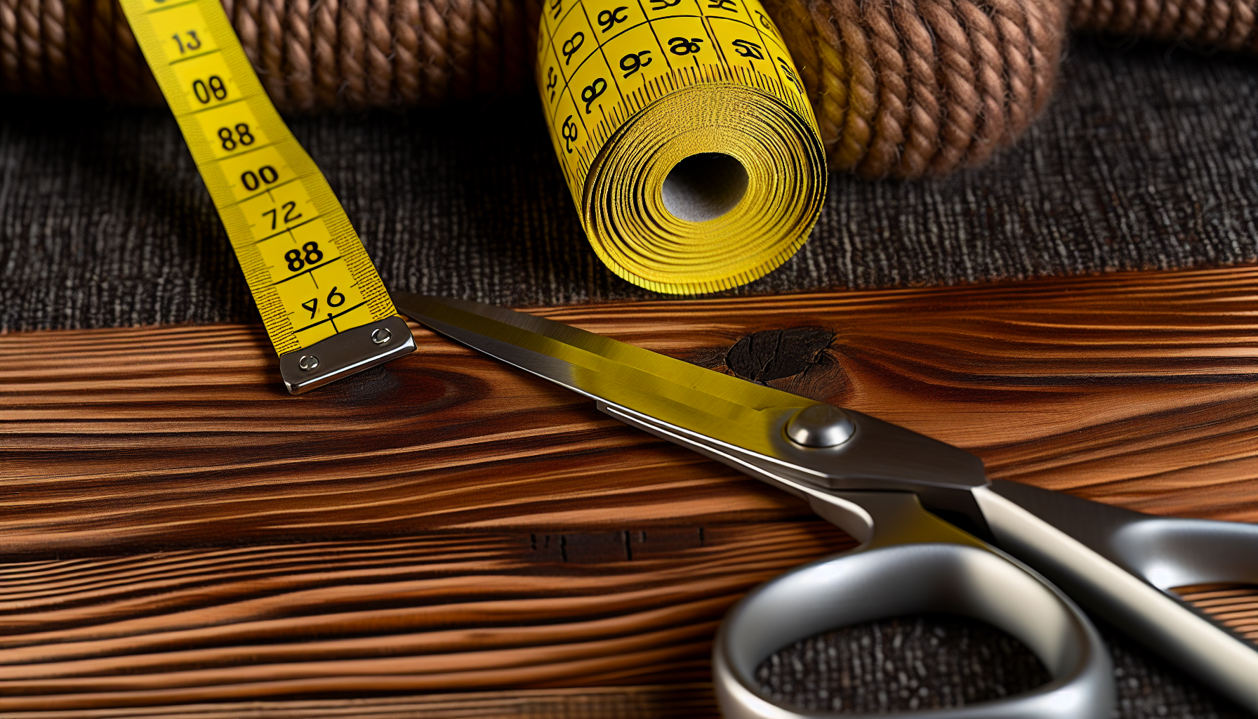 Measuring tape and scissors on a wooden surface for preparing rug pads and cutting runners