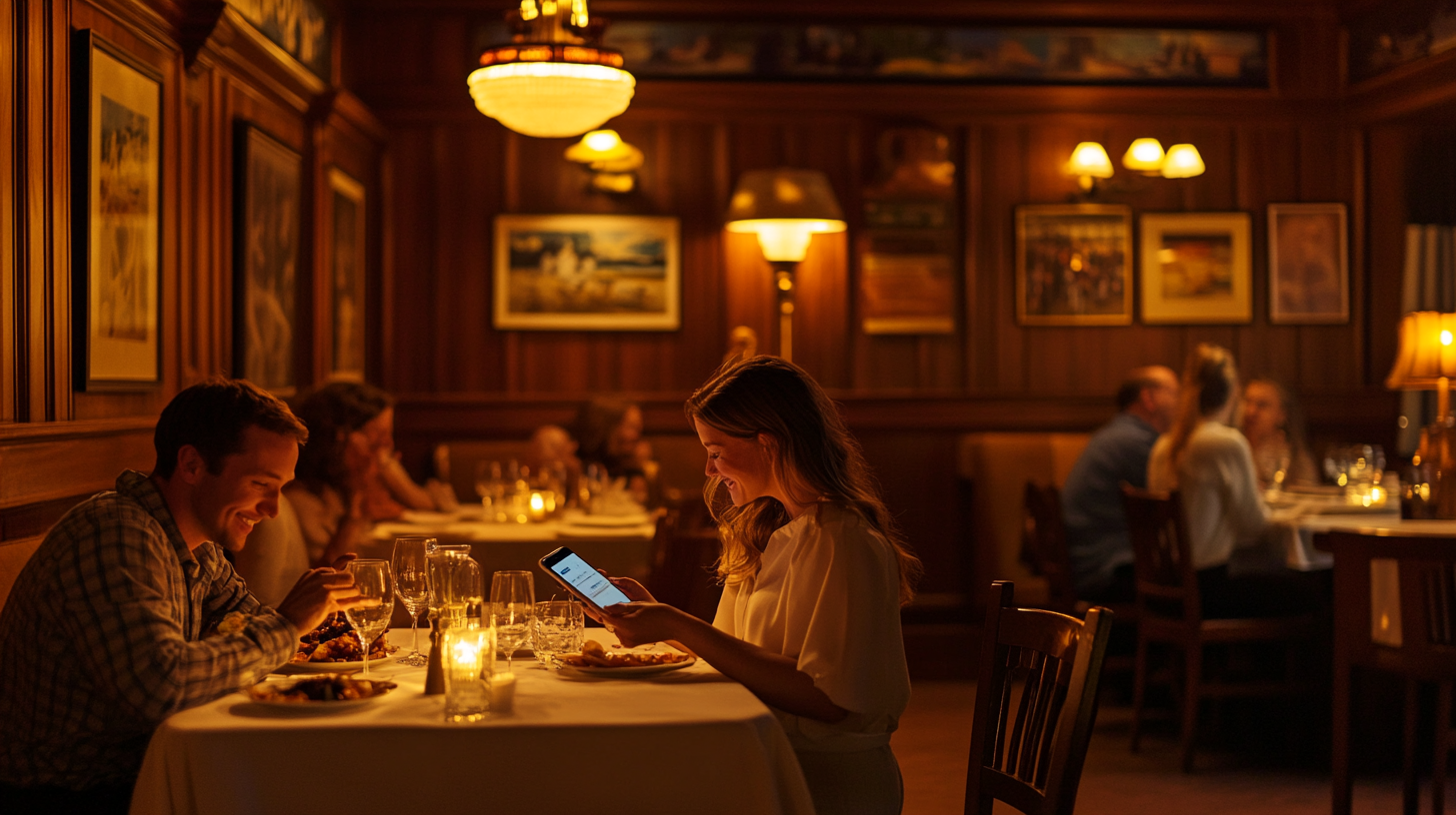 Wisconsin supper with vintage wood-paneled walls adorned with nostalgic memorabilia, elegantly set tables and crystal glassware with a couple using the SUPP Mobile App on their phone