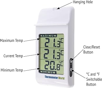 A digital min max thermometer measuring maximum and minimum temperatures