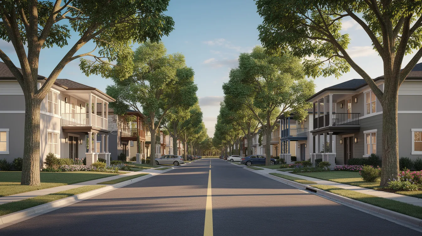 The image depicts a row of two-story residential apartment buildings situated along a peaceful suburban street, surrounded by mature trees that enhance the neighborhood's charm. These multifamily properties are ideal for real estate investors seeking stable rental income and positive cash flow.