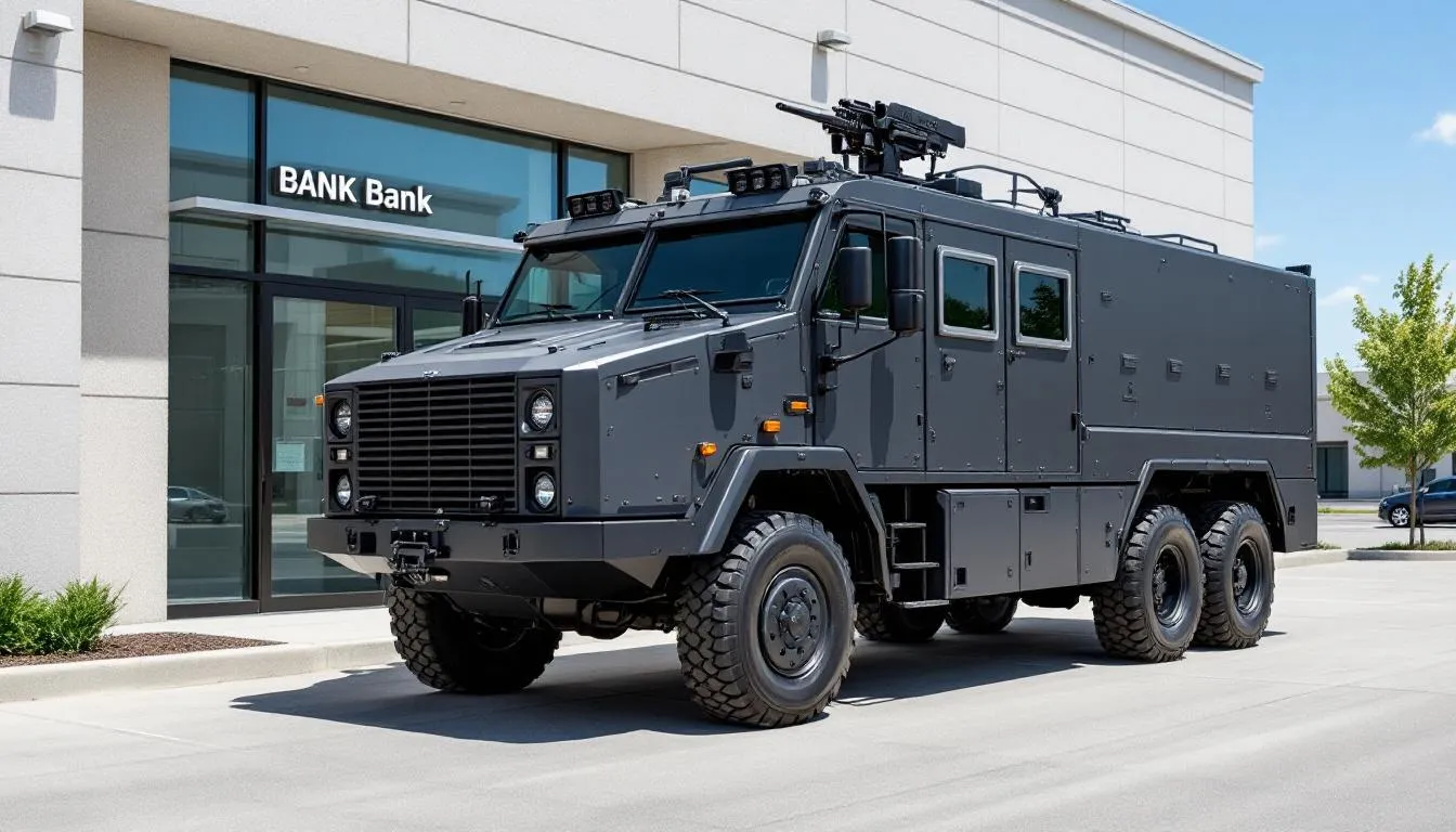 Un veh&iacute;culo blindado para transporte de valores est&aacute; estacionado frente a un banco, simbolizando la seguridad y protecci&oacute;n de los activos de los clientes. Este servicio es parte del compromiso de las empresas de seguridad para garantizar la tranquilidad en el sector financiero.