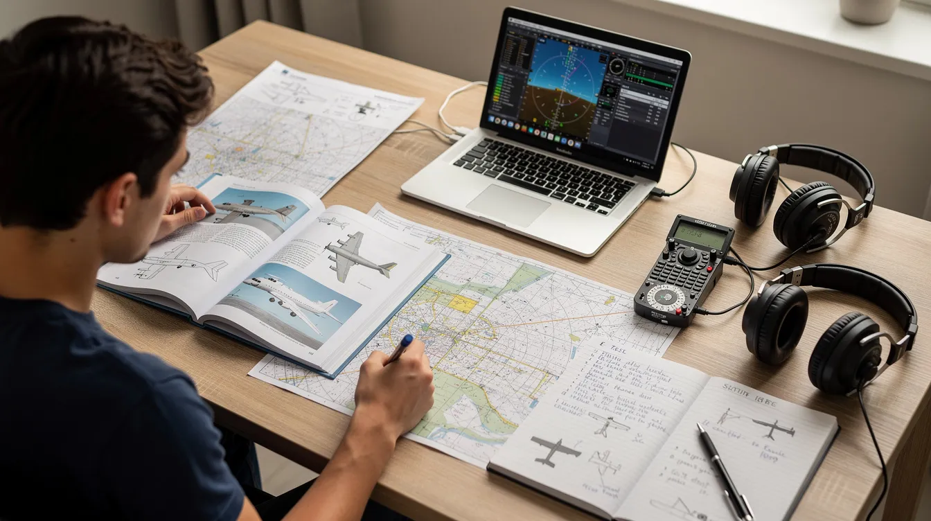 A person is sitting at a desk studying aviation materials, surrounded by charts and a laptop, preparing for the FAA knowledge test for their private pilot certificate. The study session focuses on understanding essential topics and reviewing practice tests to ensure success on the written exam.