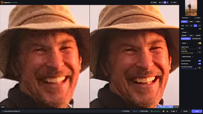 Before and after using Topaz Gigapixel AI Face Recovery on a portrait