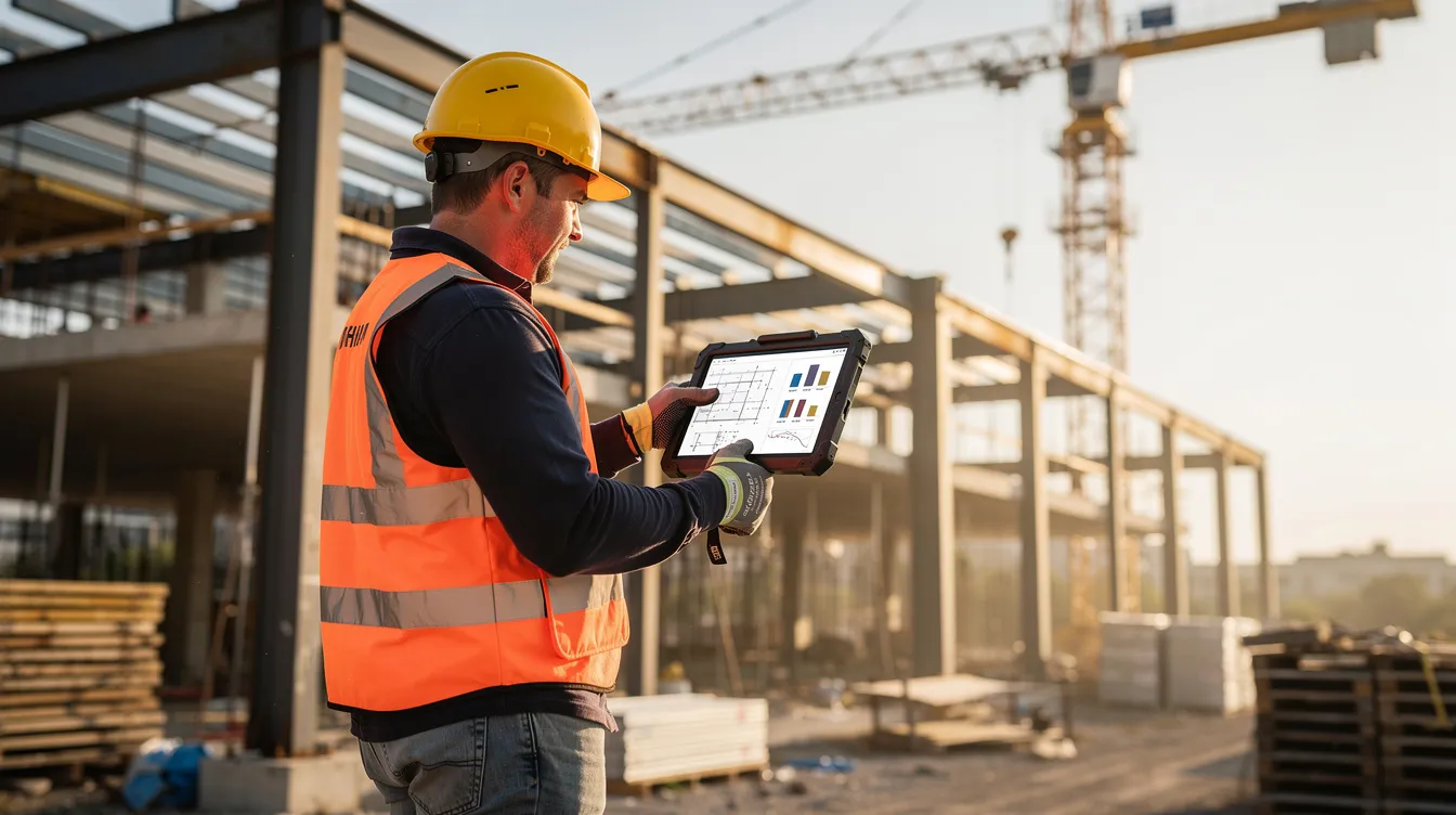 A construction worker focused on reviewing project progress using a tablet device.