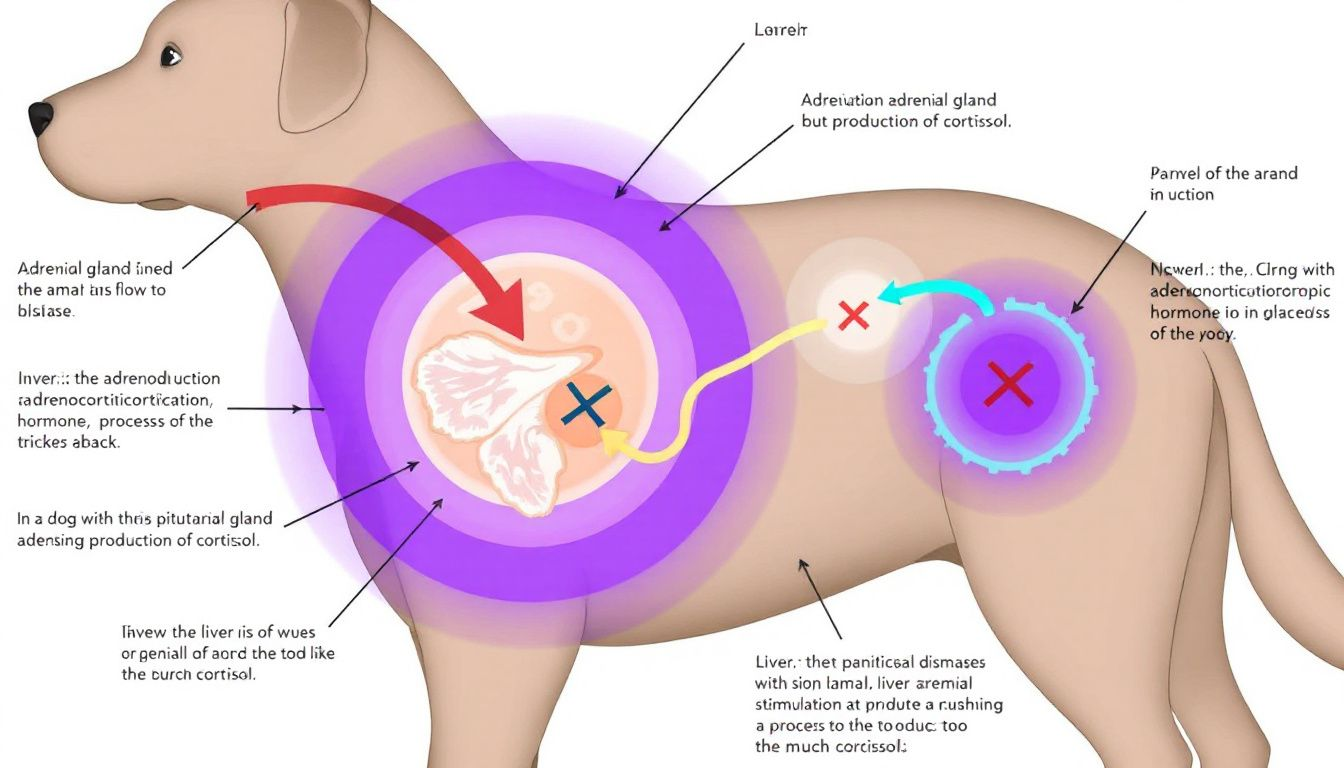 A diagram explaining Cushing's disease and its effects on a dog's body.