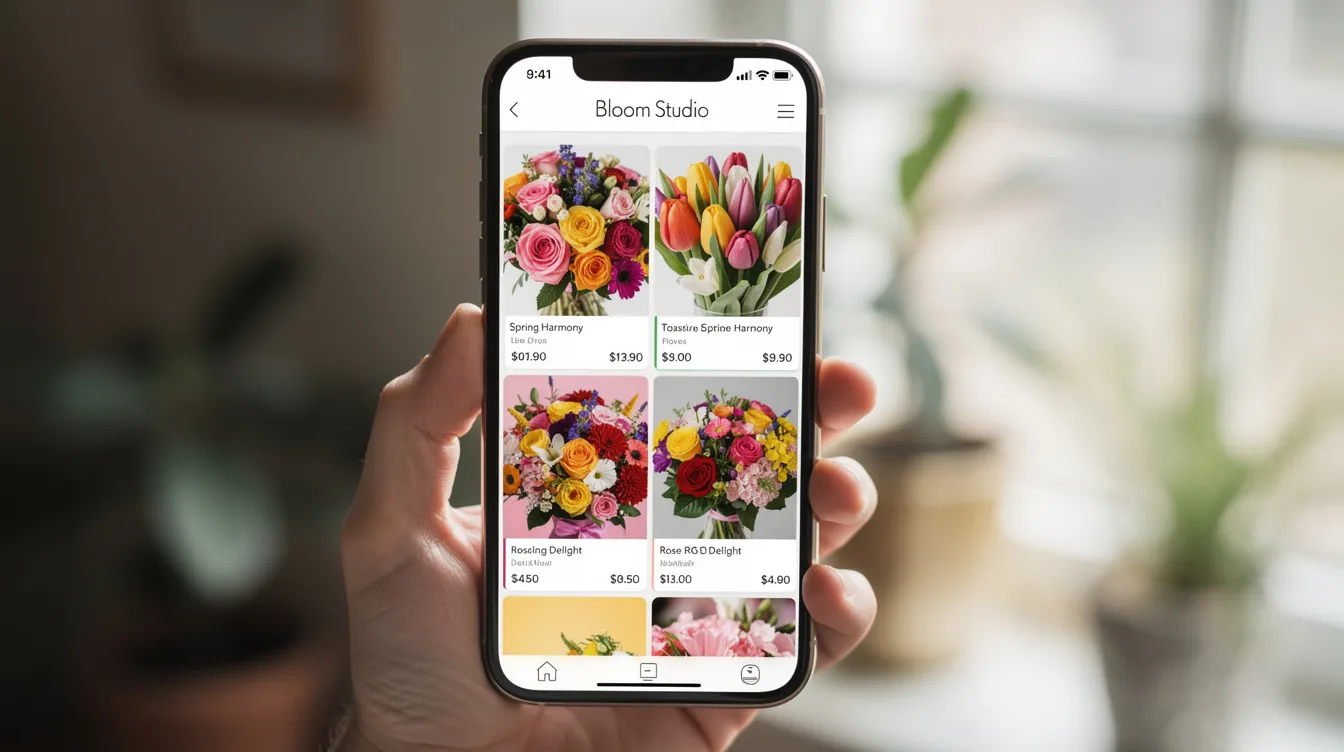 The image shows a mobile phone with a fast-loading flower shop webpage, featuring vibrant images of colorful bouquets that enhance the user experience. This design emphasizes speed optimization and effective image optimization, making it ideal for improving search engine rankings and attracting organic traffic.