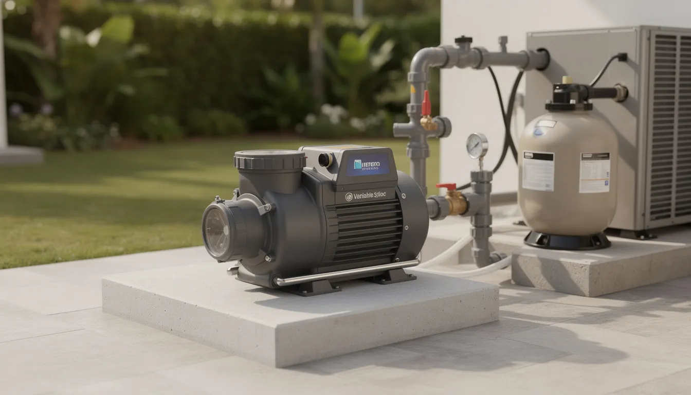 The image depicts an energy efficient pool pump installed in a residential pool equipment area, showcasing a modern setup designed for optimal performance. This variable speed pool pump is highlighted for its ability to significantly reduce energy consumption and lower operating costs for pool owners, contributing to energy efficiency in swimming pools.