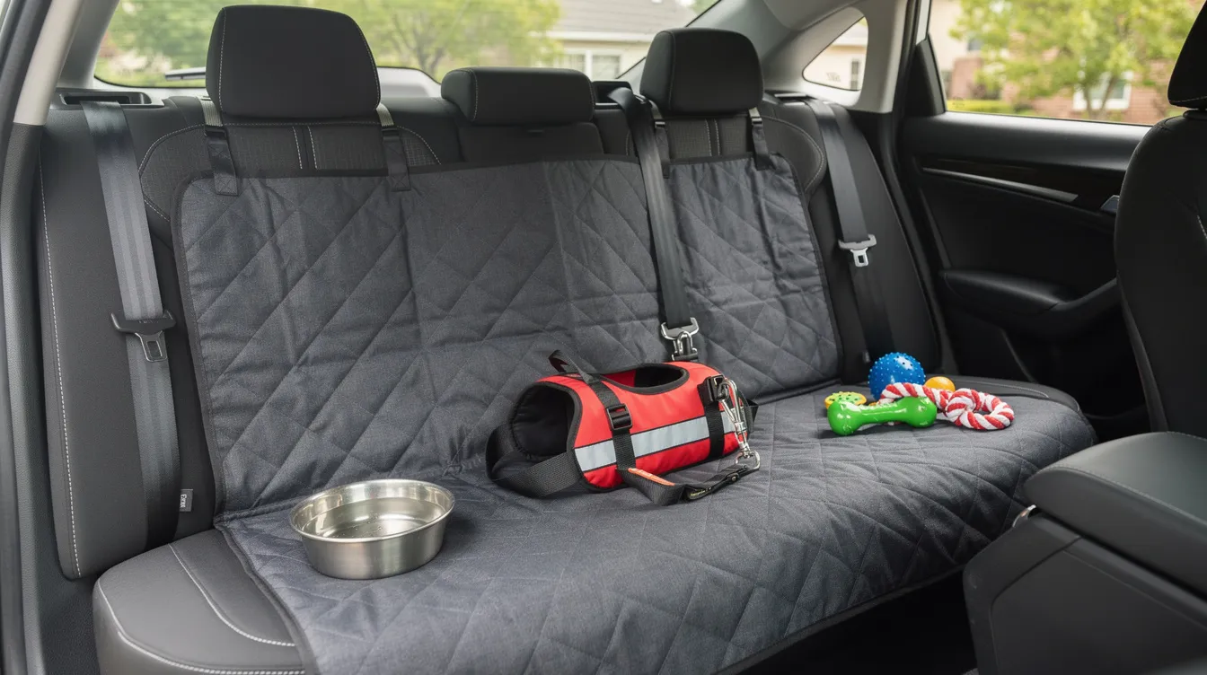 The image shows the rear seat of a car thoughtfully prepared for dog travel, featuring a protective cover, a water bowl, a secure harness, and several toys to keep the dog entertained. This setup ensures a comfortable and safe journey for pets while on the road.