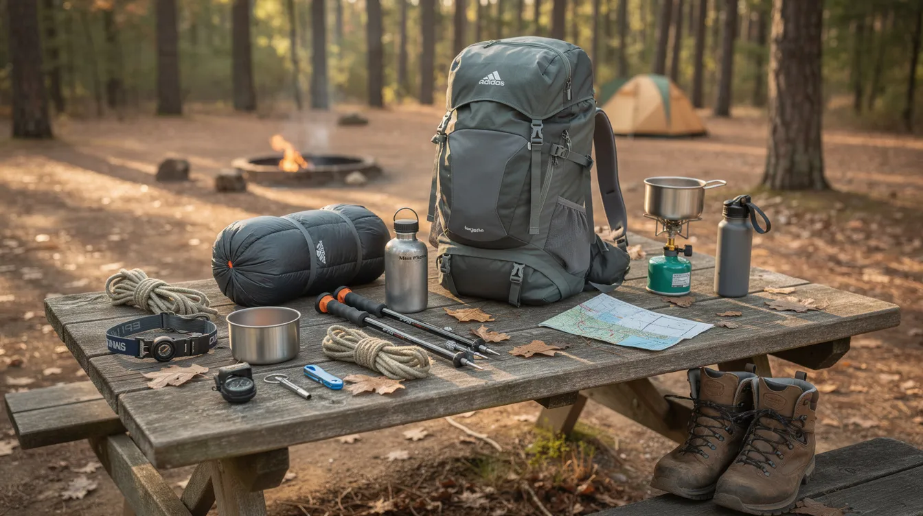 The image depicts various outdoor backpacking gear items, including tents, sleeping bags, and cooking equipment, neatly spread out on a wooden picnic table at a campsite, showcasing their durable materials and different colors. This setup highlights the quality and features of the gear, ideal for outdoor enthusiasts looking to customize their backpacking experience.