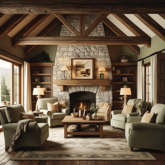 Cozy living room with a stone fireplace, exposed wooden beams, green armchairs, and a wooden coffee table, featuring warm lighting and a rustic décor.