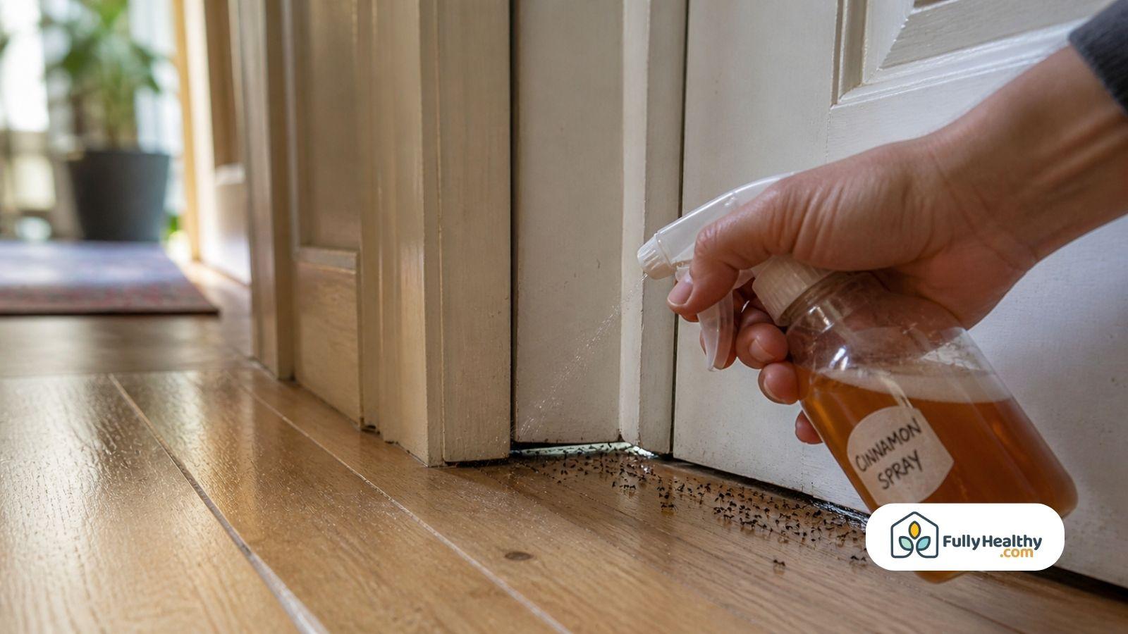 Person spraying cinnamon solution near doorway to stop indoor ant trail