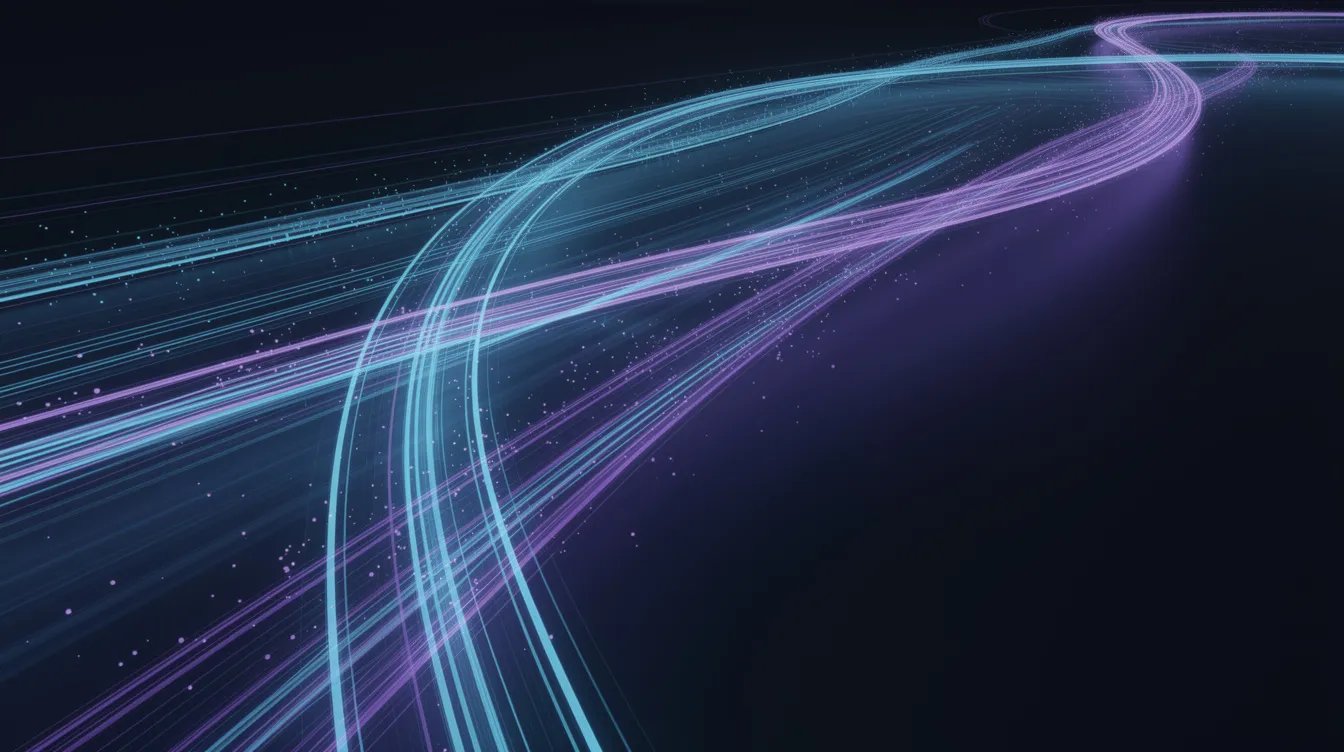 Die abstrakte Darstellung zeigt dynamische Lichtstreifen, die Geschwindigkeit und den Datenfluss auf einem dunklen Hintergrund symbolisieren. Diese visuelle Metapher könnte die Effizienz und Leistung von Hosting-Anbietern, wie beispielsweise für WordPress-Websites, darstellen.
