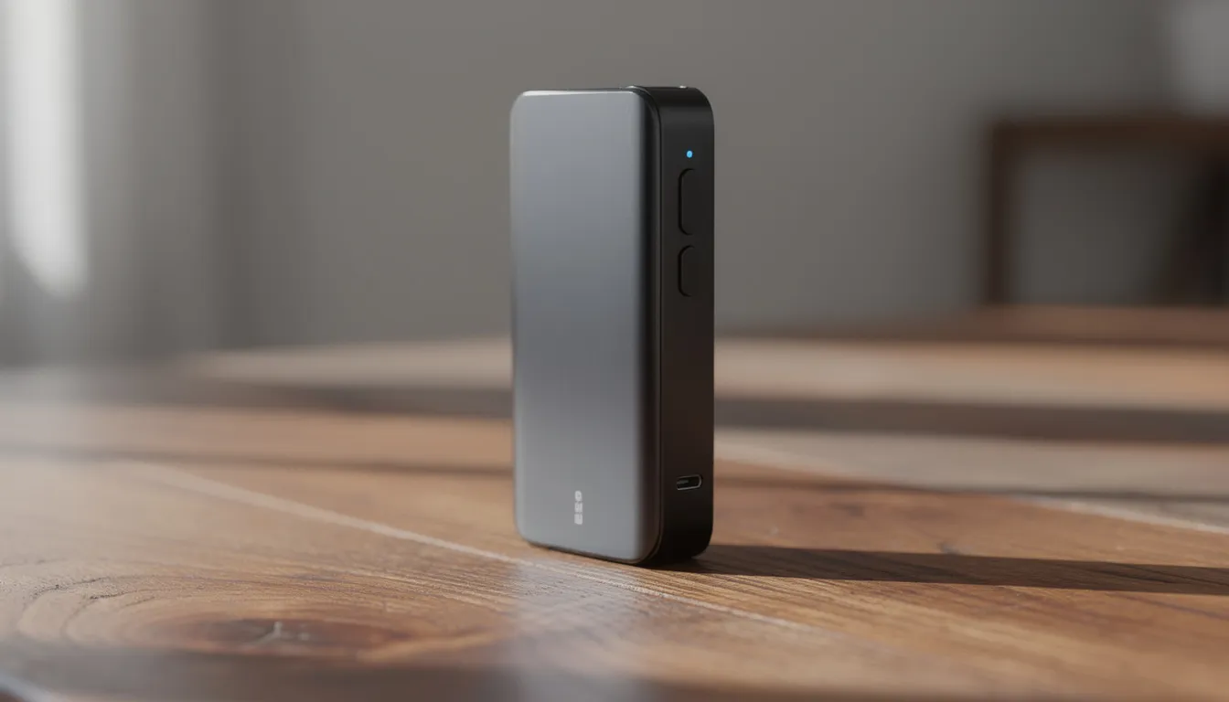 Ein tragbarer Vaporizer, das Modell xmax v3 pro, steht auf einer Holzoberfläche und wird von natürlichem Licht beleuchtet. Der Vaporizer verfügt über ein OLED-Display und ist ideal zum Verdampfen von Kräutern und Konzentraten, während er eine benutzerfreundliche Bedienung bietet.