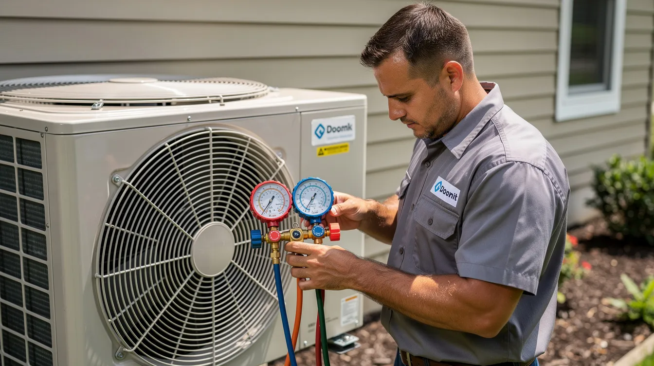 A qualified technician is testing the cooling performance of an air conditioning system using professional equipment and diagnostic gauges. This air conditioning service, essential for effective aircon repairs and maintenance, ensures that the vehicle's air conditioner is running optimally and safely.