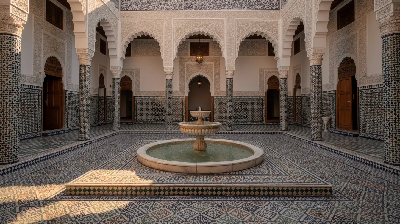 The image depicts the interior courtyard of a traditional Moroccan zawiya, showcasing intricate geometric tilework surrounding a serene central fountain. This space reflects the essence of Moroccan culture and Sufi Islam, serving as a tranquil environment for spiritual reflection and community gatherings.