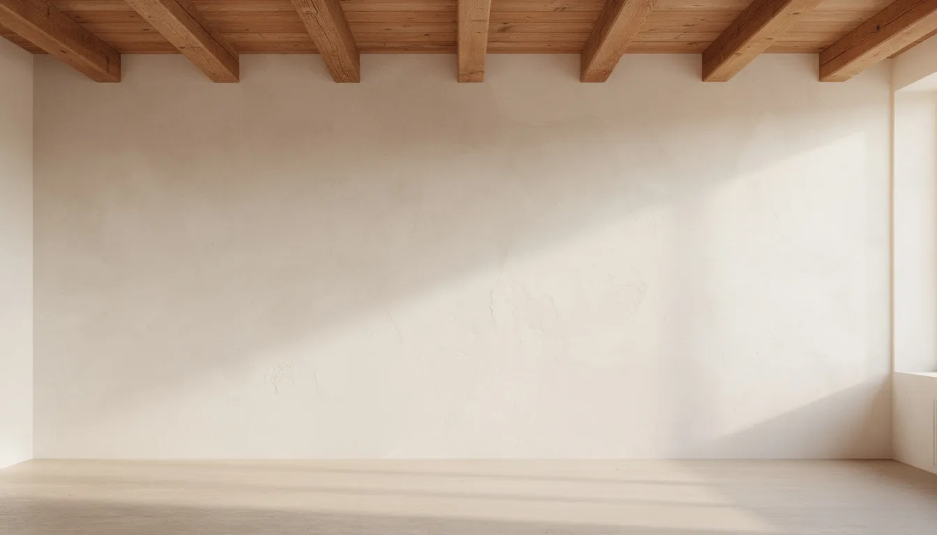 Un mur intérieur revêtu d'un enduit à la chaux naturel se dresse dans une pièce lumineuse, mettant en valeur les poutres apparentes au plafond. Cette réalisation témoigne du savoir-faire d'un peintre décorateur, créant une ambiance chaleureuse et accueillante.