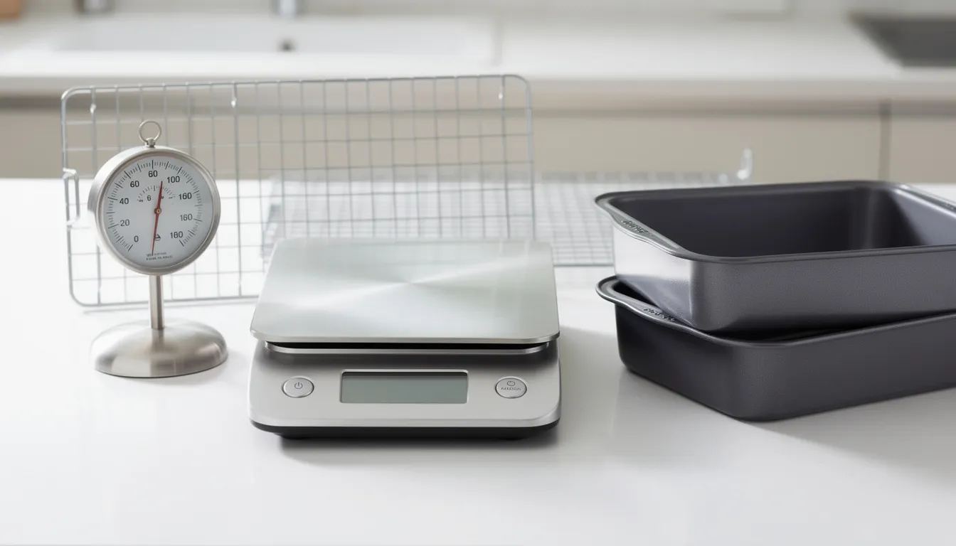 The image features essential baking tools including a digital kitchen scale for precise measurements, an oven thermometer to ensure the correct oven temperature, a wire cooling rack for baked goods, and quality baking pans. These tools are crucial for avoiding common baking mistakes and achieving perfect results in various baking projects.