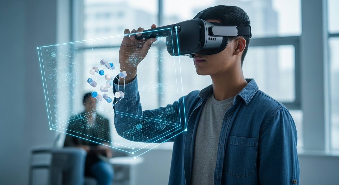 University student using a VR headset to explore a 3D scientific simulation, representing immersive AI-powered learning.