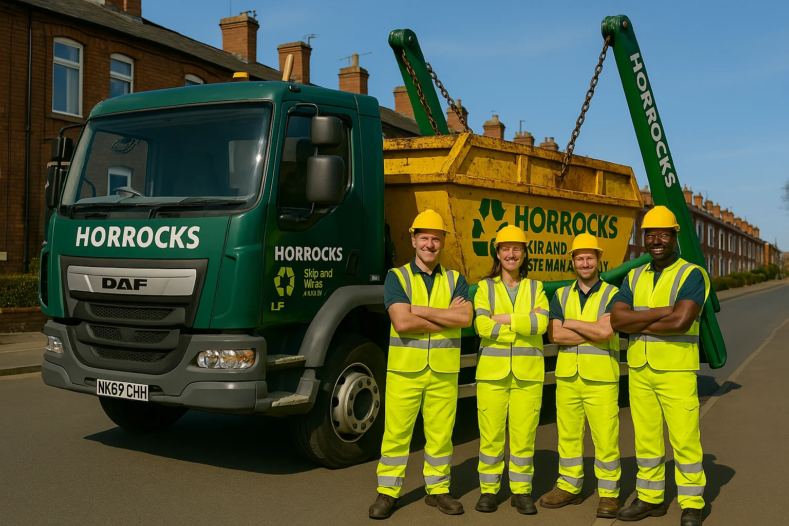 Horrocks Waste team in hi-vis standing proudly in front of their branded skip lorry on a sunny day in Bolton.