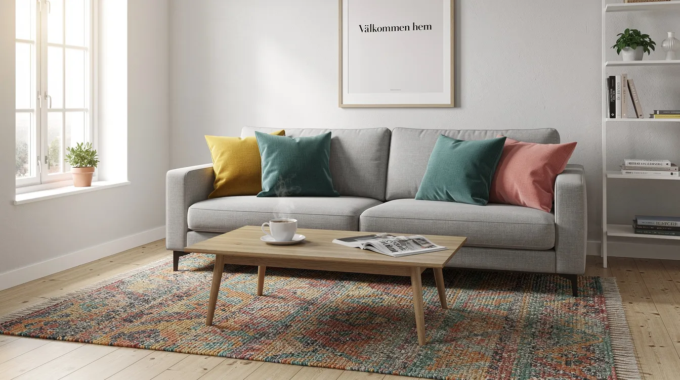 Ett stilrent vardagsrum med en bekväm soffa prydd med färgglada kuddar, som tillsammans med en mjuk matta skapar en enhetlig och inbjudande känsla. Rummet erbjuder en perfekt plats för avkoppling och samvaro, där rätt soffa blir en central del av inredningen.