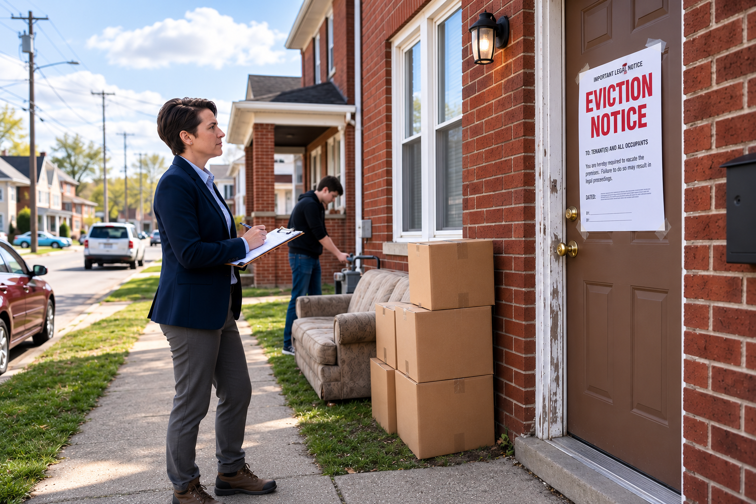 An official legal notice is taped to the door of a brick property next to boxes and furniture on the sidewalk, illustrating the strict obligations and severe legal consequences landlords face regarding a tenant's non payment of rent payments if they choose to violate legal rights by enacting illegal self help evictions.