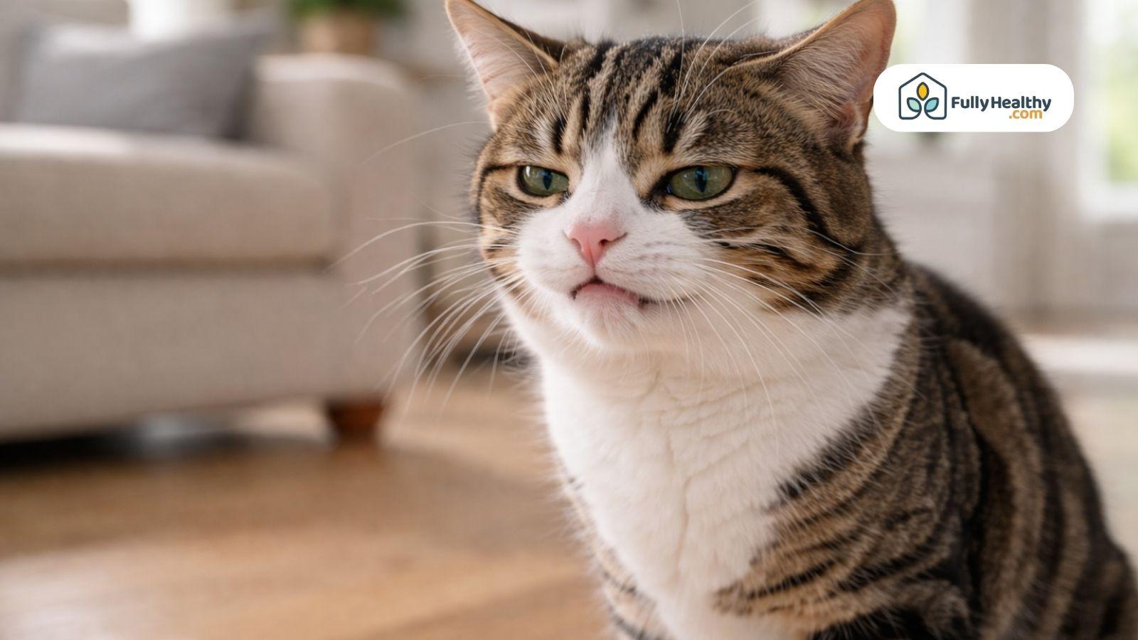 Close up cat reacting to vinegar smell with curious cautious expression