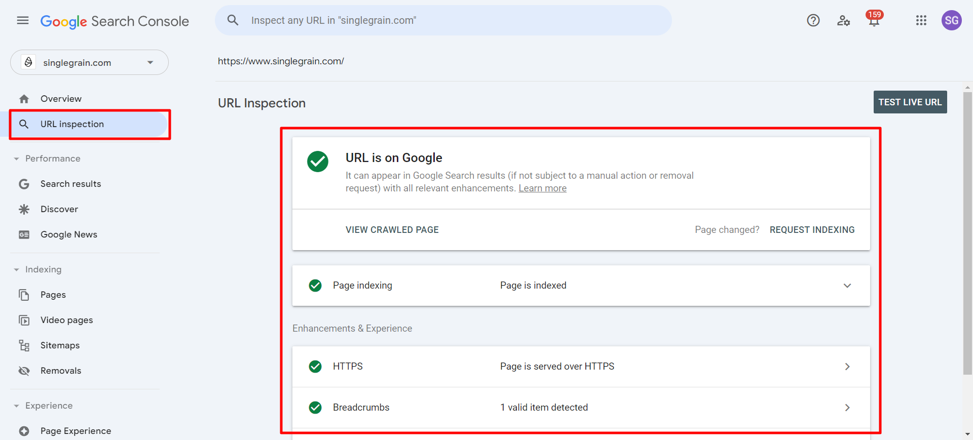 Google Seach Console URL inspection tool.