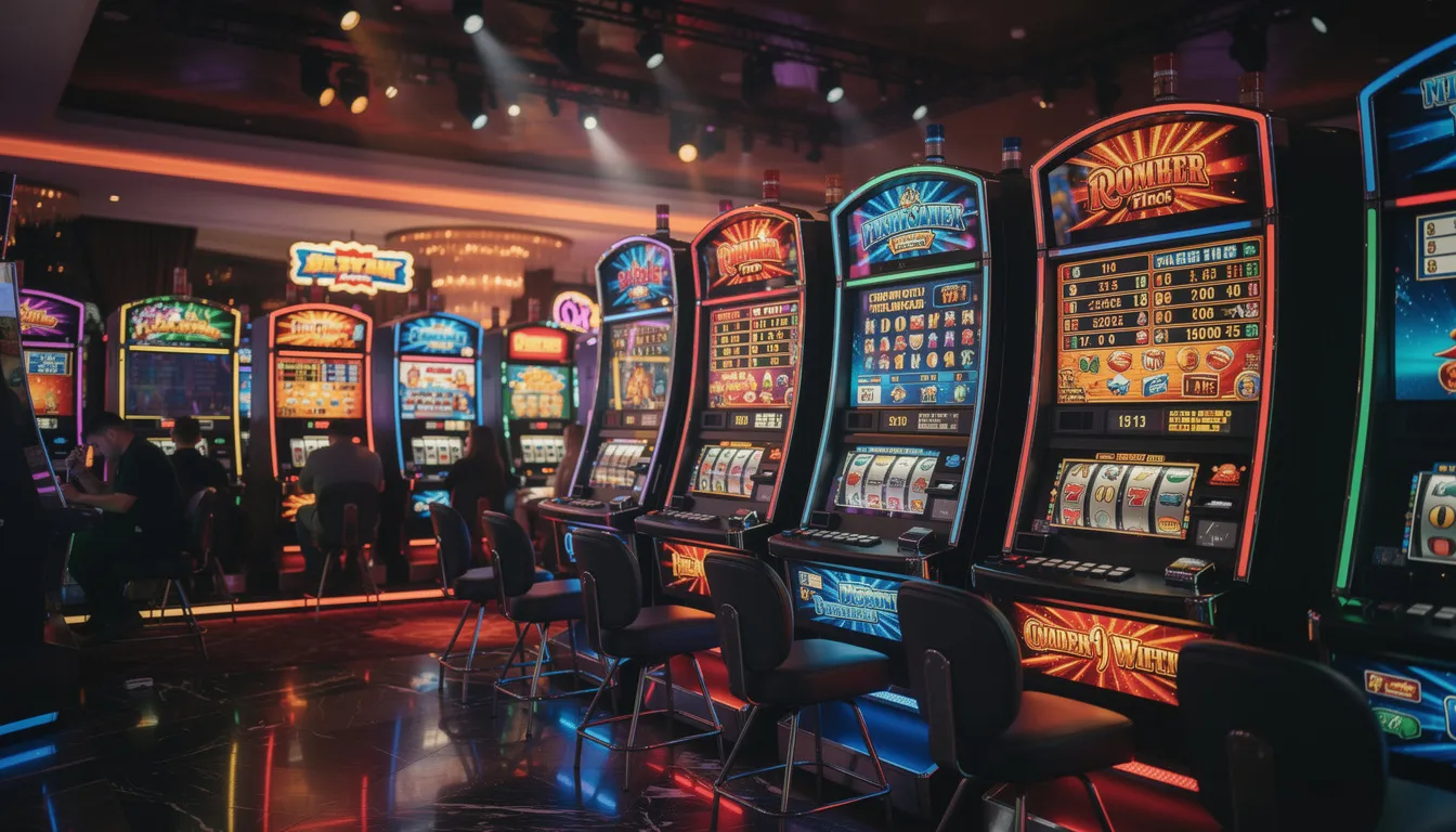 En bild av färgglada spelautomater i en livlig casinomiljö, där ljuseffekterna blixtrar och skapar en festlig atmosfär. Spelarna kan njuta av olika spel och bonusar, inklusive free spins, hos intercasino.