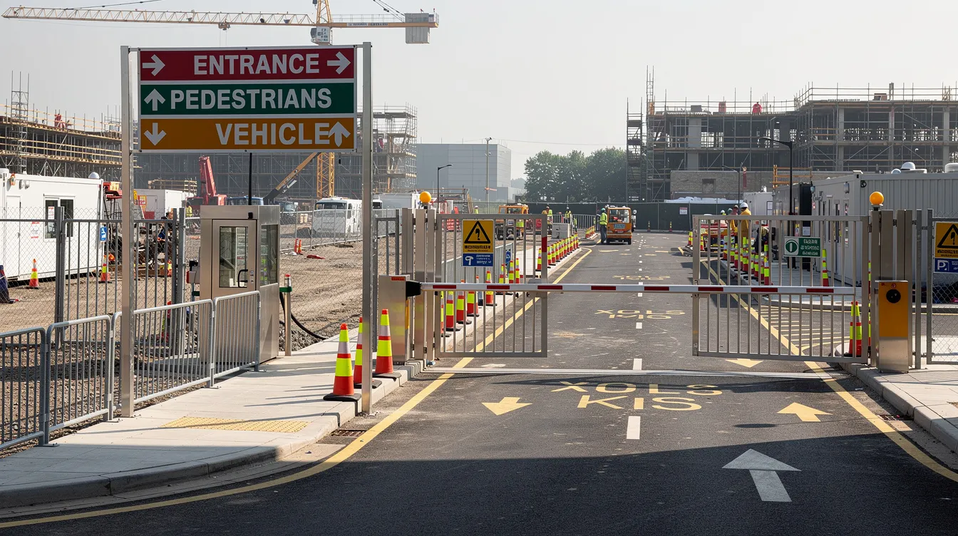 The image depicts a construction site entrance featuring controlled access gates, clear directional signage, and designated lanes for both pedestrians and vehicles, emphasizing the importance of site logistics and safety in the construction industry. This organized layout supports efficient communication and access for workers and equipment during various project phases.