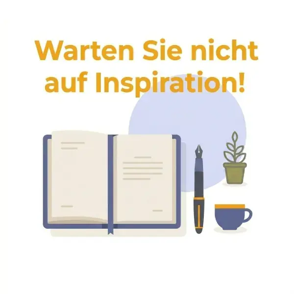 Eine minimalistische Grafik mit einem aufgeschlagenen Buch, einem Füllfederhalter, einer Kaffeetasse und einer kleinen Pflanze. Darüber steht der motivierende Spruch in gelber Schrift: „Warten Sie nicht auf Inspiration!“.