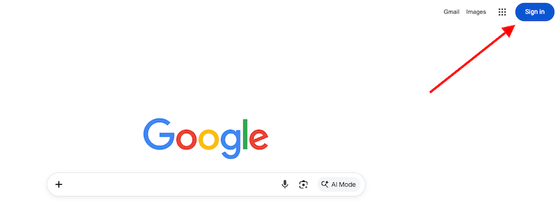 The Google Search homepage and the Sign In button on the top right with a red arrow going to it.