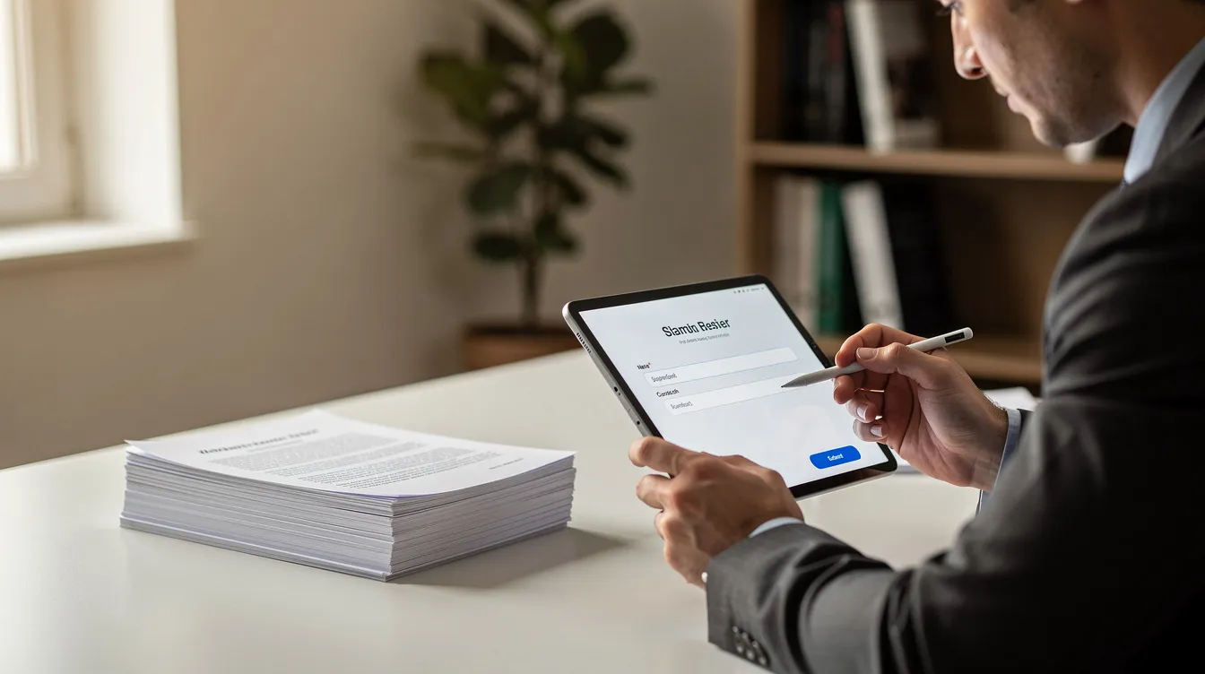 A person is reviewing documents and filling out an online account opening form on a tablet, likely to create a Roshan digital account for non-resident Pakistanis. The scene captures the convenience of managing banking tasks digitally, emphasizing the ease of transferring money and investments abroad.
